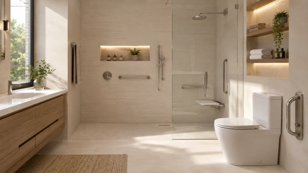 Baño accesible y sin barreras en Madrid 2026 con ducha a ras de suelo, asiento abatible y barras de apoyo