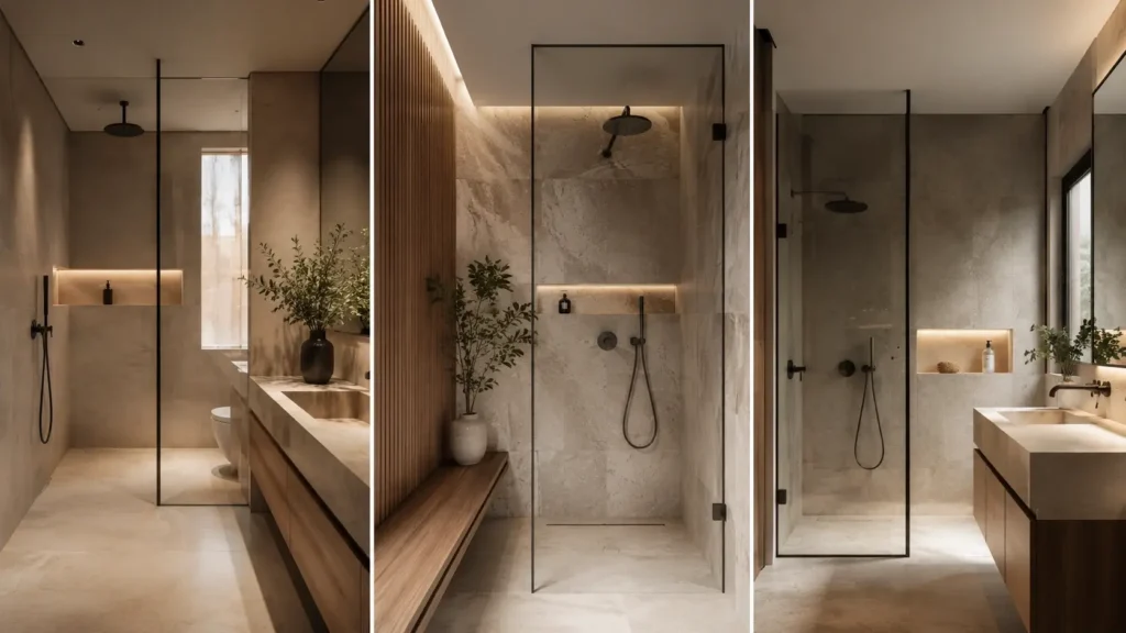 Reforma de baño en Madrid 2026 con ducha walk-in, materiales naturales de piedra y madera y grifería negra