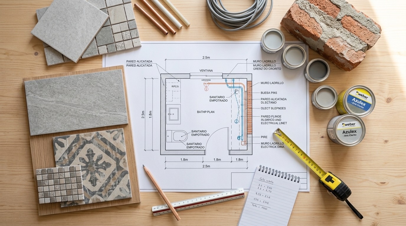 Planificación de una reforma de baño con plano y muestras de materiales sobre la mesa