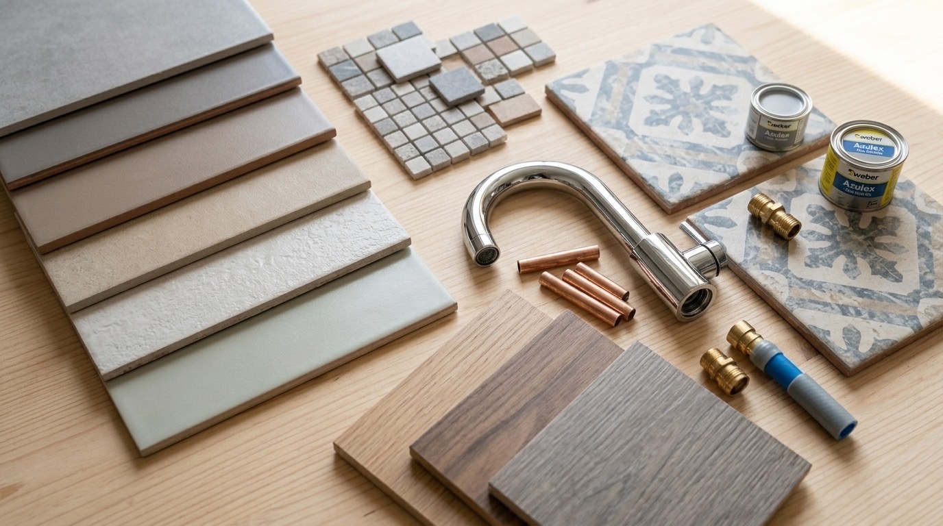 Selección de materiales y acabados para el baño, azulejos y griferías de muestra