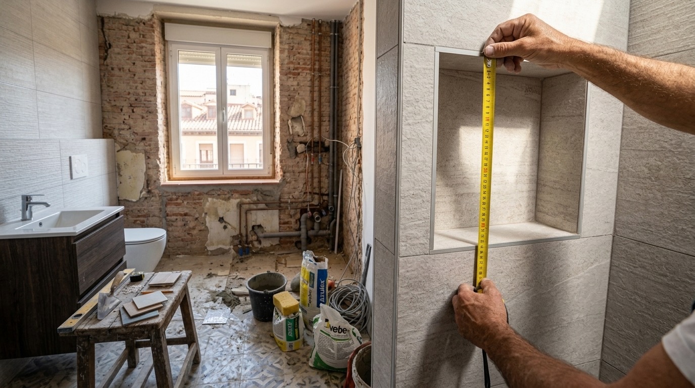 Profesional midiendo el hueco de la mampara antes de instalar en una reforma de baño