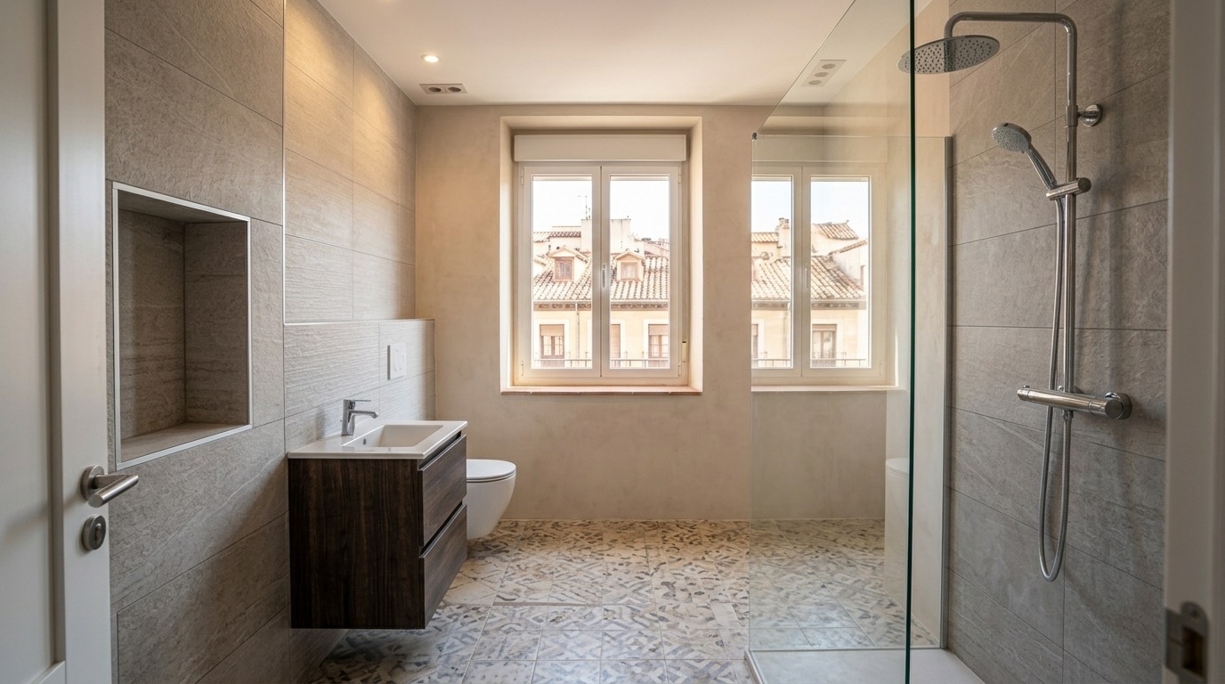 Baño reformado y terminado sin errores, con acabados modernos en Madrid