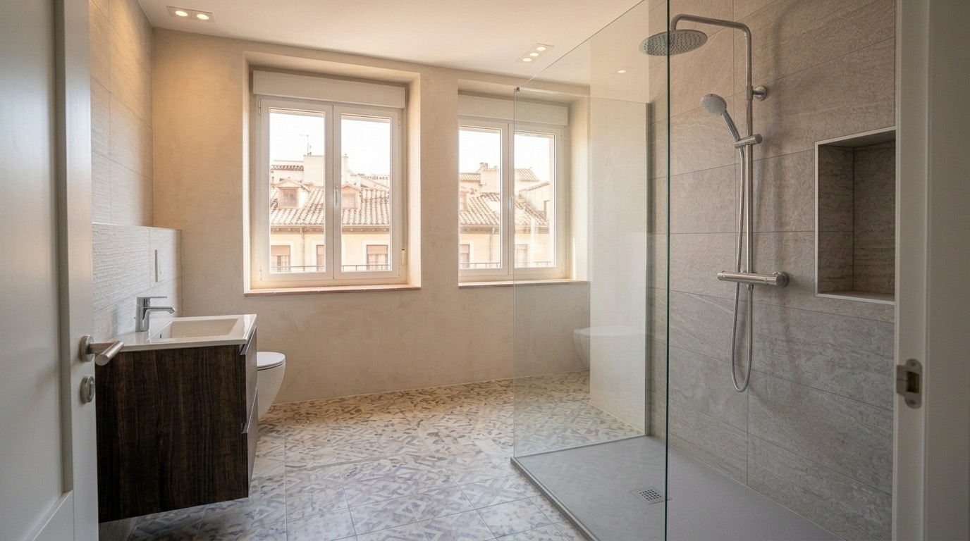 Baño reformado en Madrid con ducha y plato de ducha integrado en el suelo
