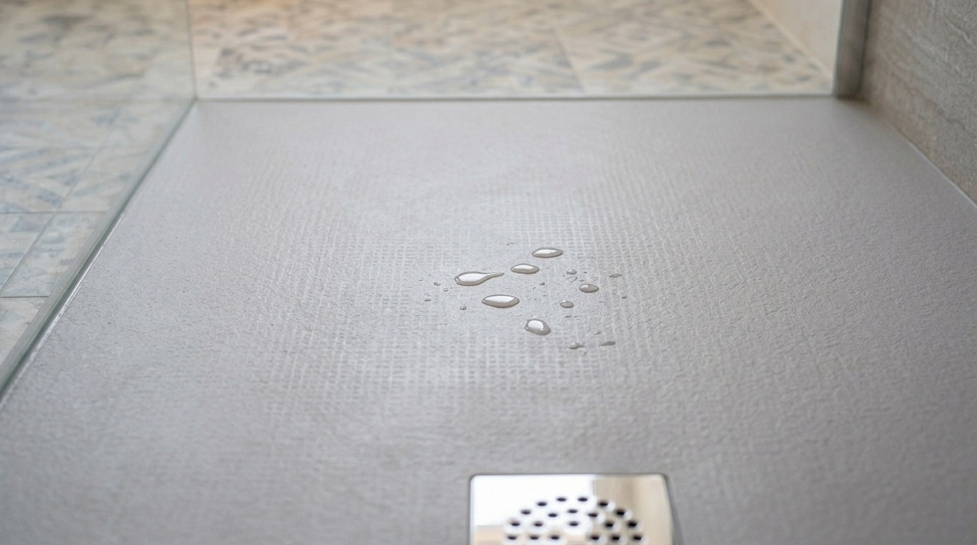 Detalle de un plato de ducha de resina con textura antideslizante