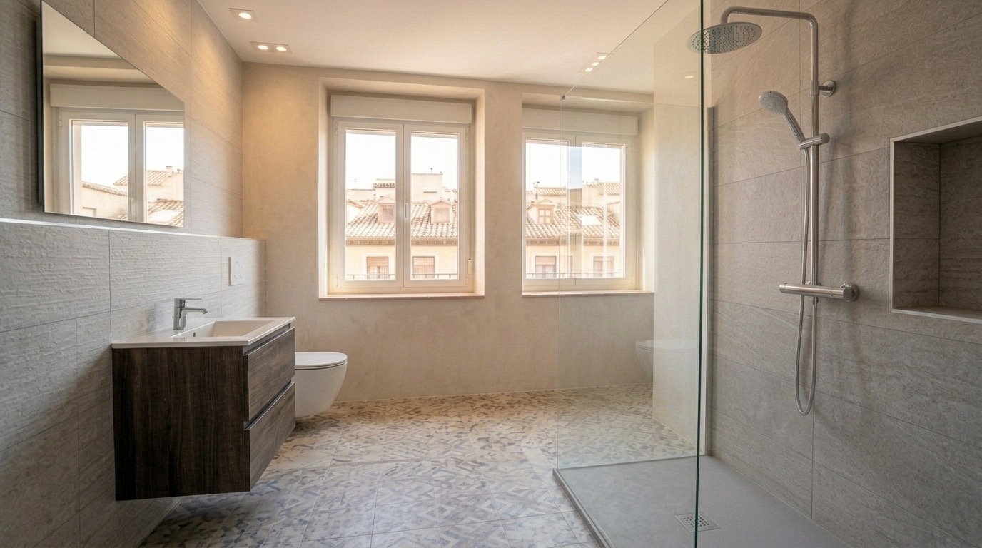 Baño familiar moderno con plato de ducha amplio y mampara de cristal