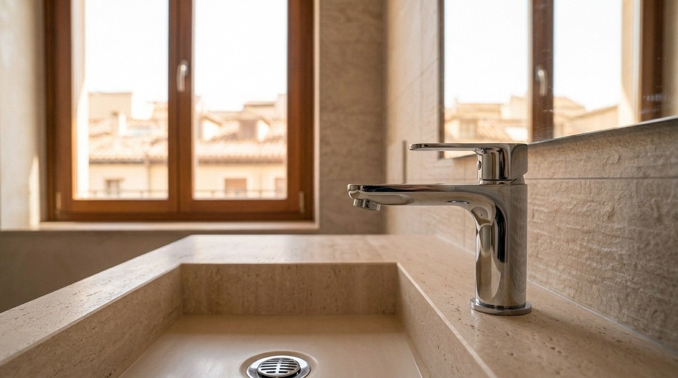 Grifo monomando de diseño instalado sobre un lavabo de baño reformado