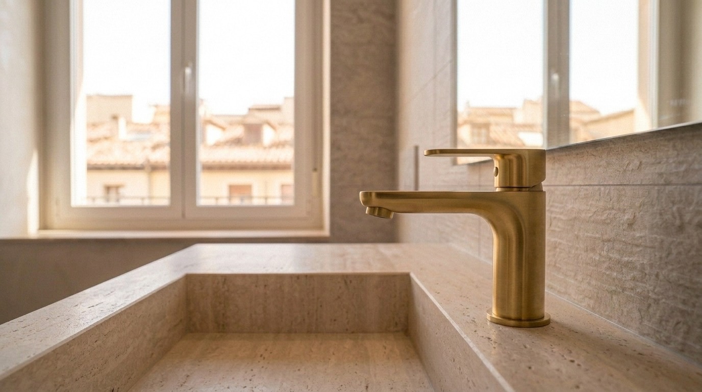 Detalle de grifería de baño en acabado dorado cepillado sobre encimera clara
