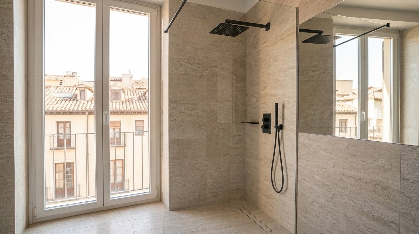 Baño moderno de 2026 con grifería empotrada en pared y ducha de obra