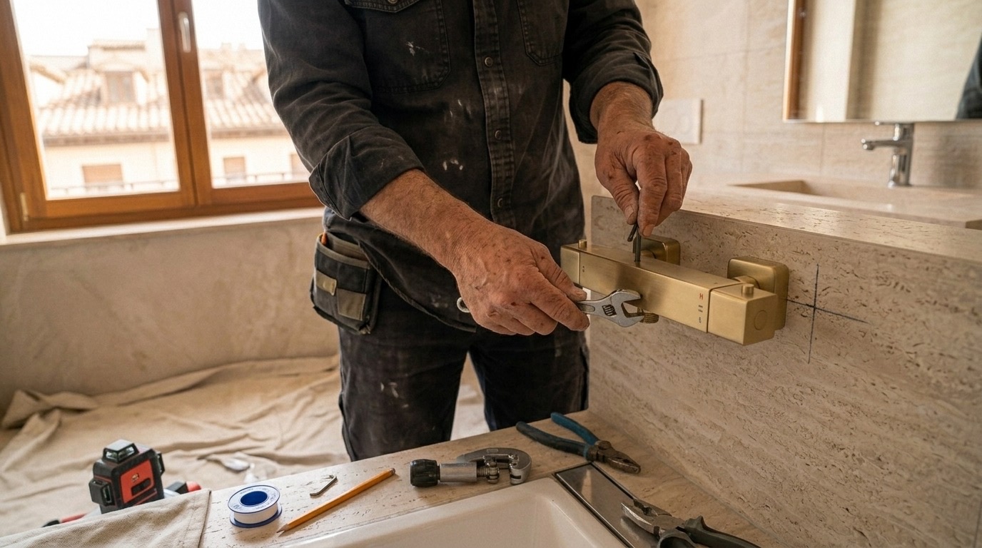 Instalador profesional colocando una grifería termostática de ducha en una reforma de baño