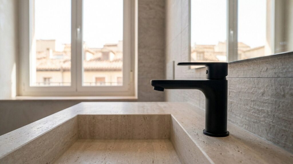 Grifería moderna de baño en negro mate instalada en una reforma en Madrid