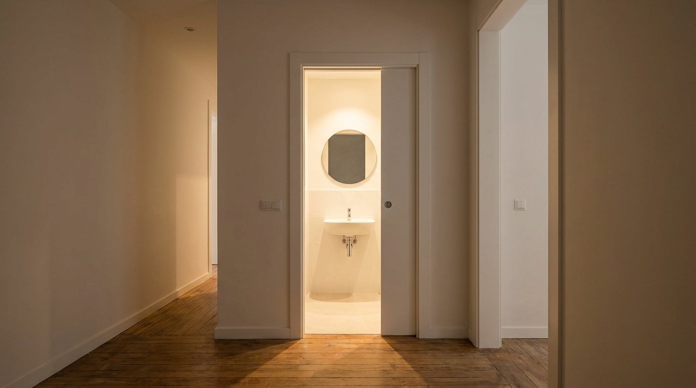 Puerta corredera empotrada abierta que deja ver un aseo pequeño con lavabo de poco fondo