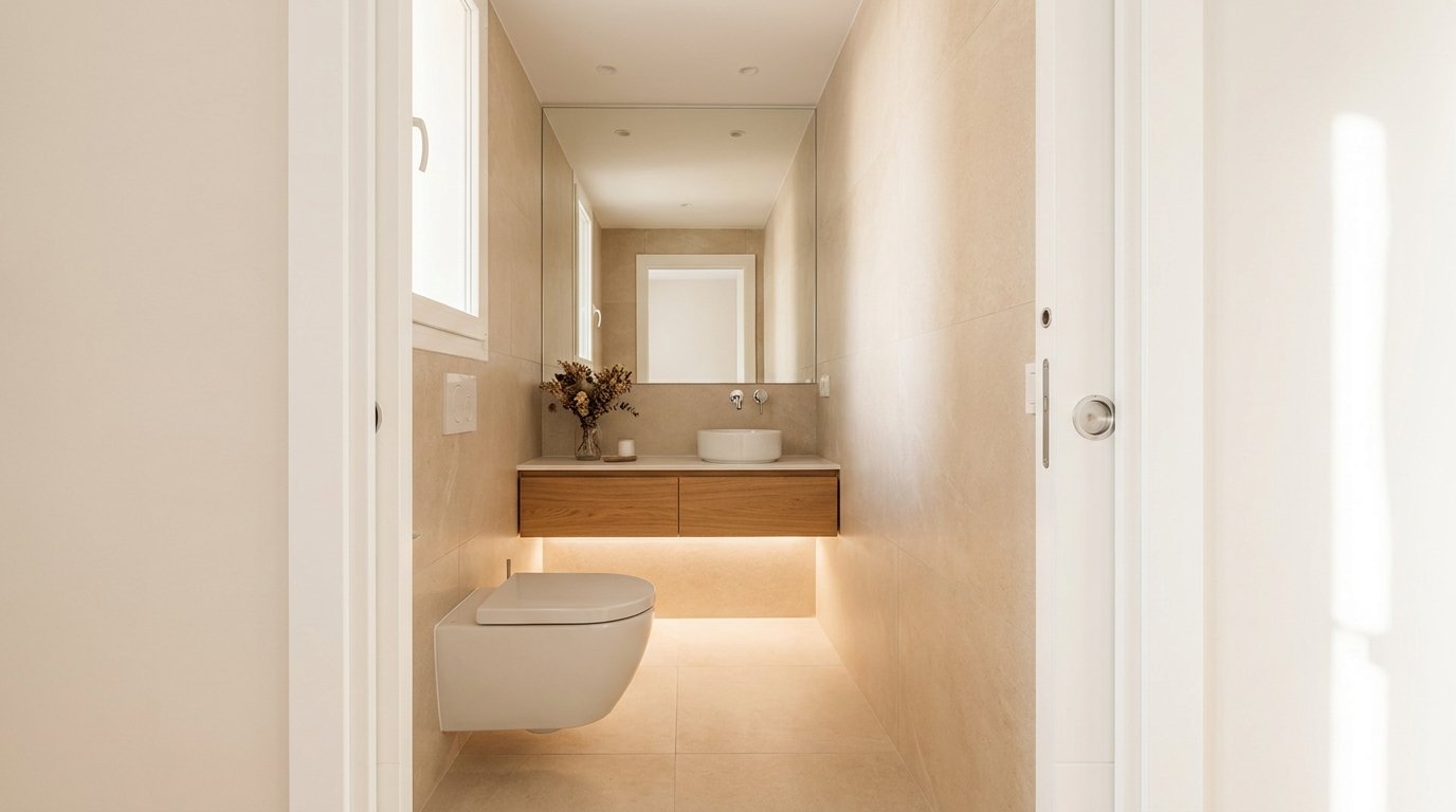 Aseo peque&ntilde;o reformado con inodoro suspendido, mueble de lavabo estrecho y puerta corredera
