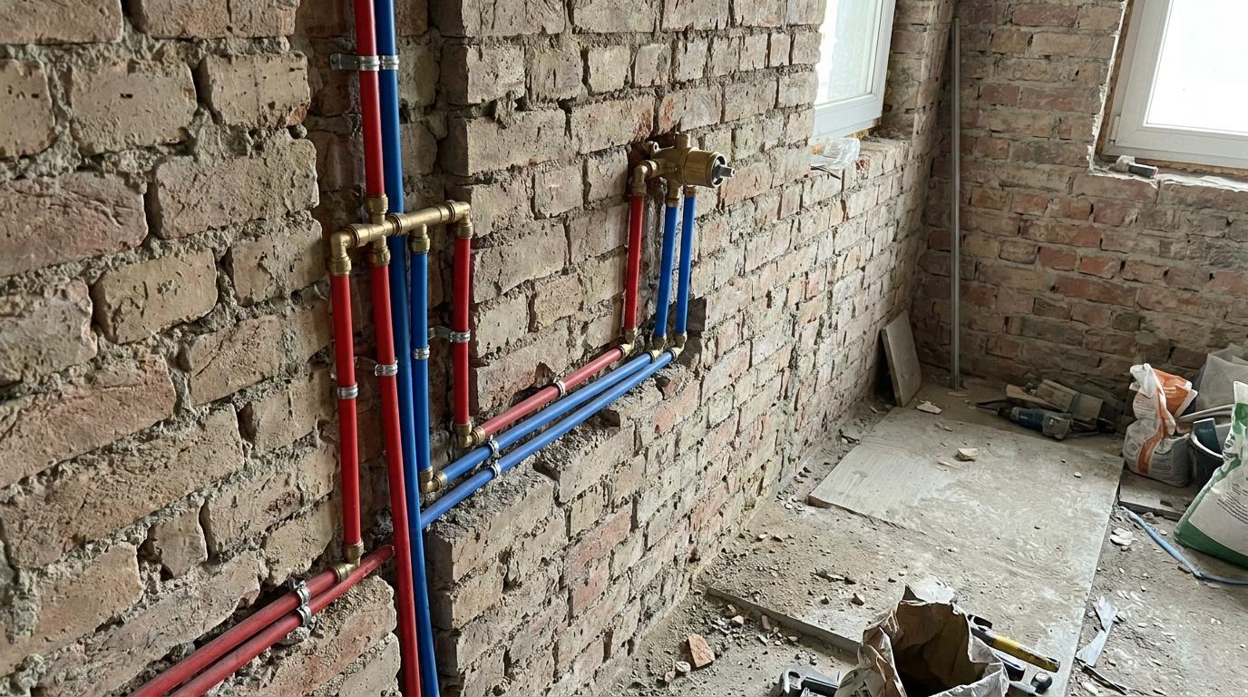 Nuevas tuberías multicapa de agua fría y caliente instaladas en la pared de un baño en obra