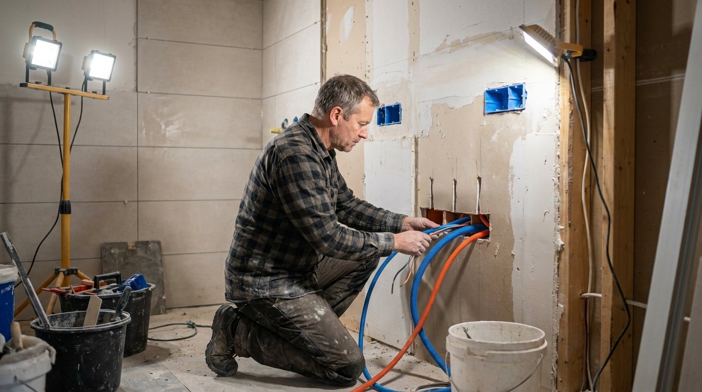 Electricista instalando cajas de mecanismos y cableado en la pared de un baño en reforma