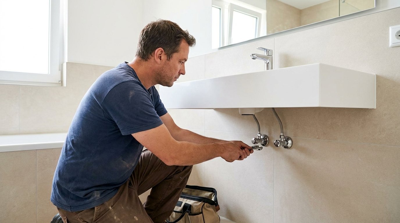 Fontanero revisando las llaves de corte bajo el lavabo de un baño recién reformado
