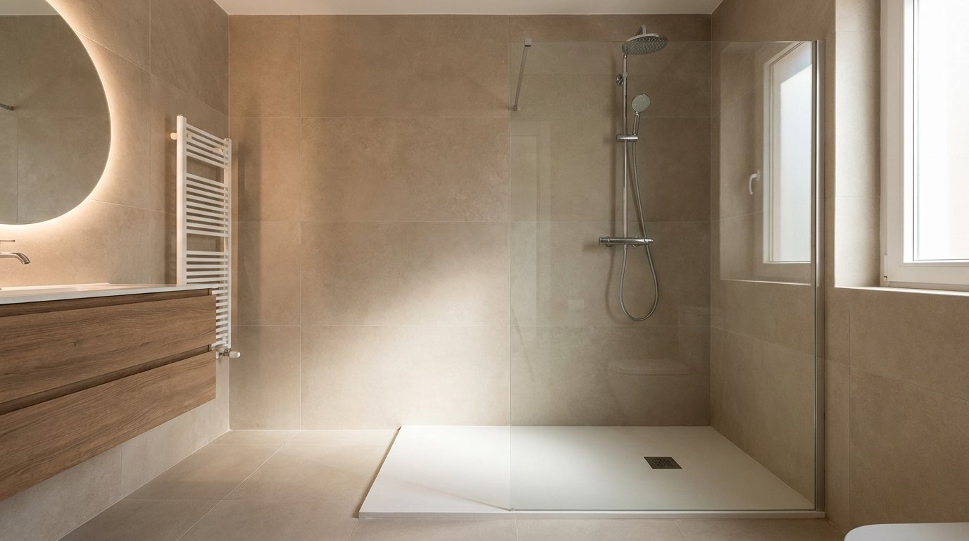 Ba&ntilde;o reformado con ducha de plato extraplano, columna termost&aacute;tica, espejo iluminado y radiador toallero