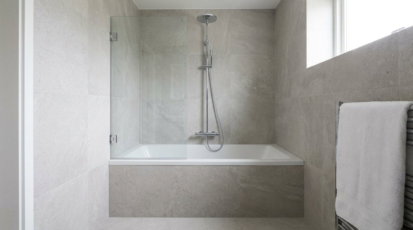 Bañera empotrada con mampara fija de cristal y columna termostática de bañera y ducha