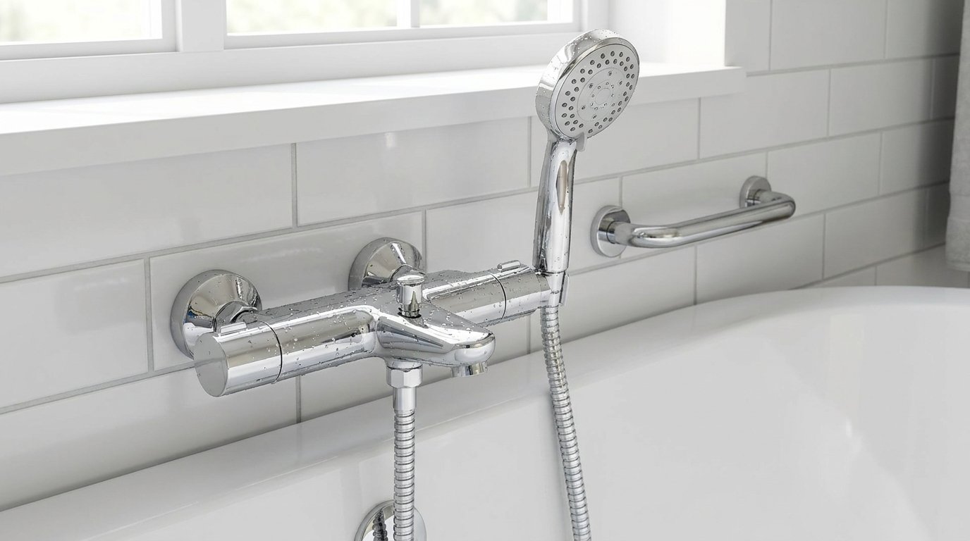Grifería termostática de bañera con teleducha y barra de apoyo junto a la bañera