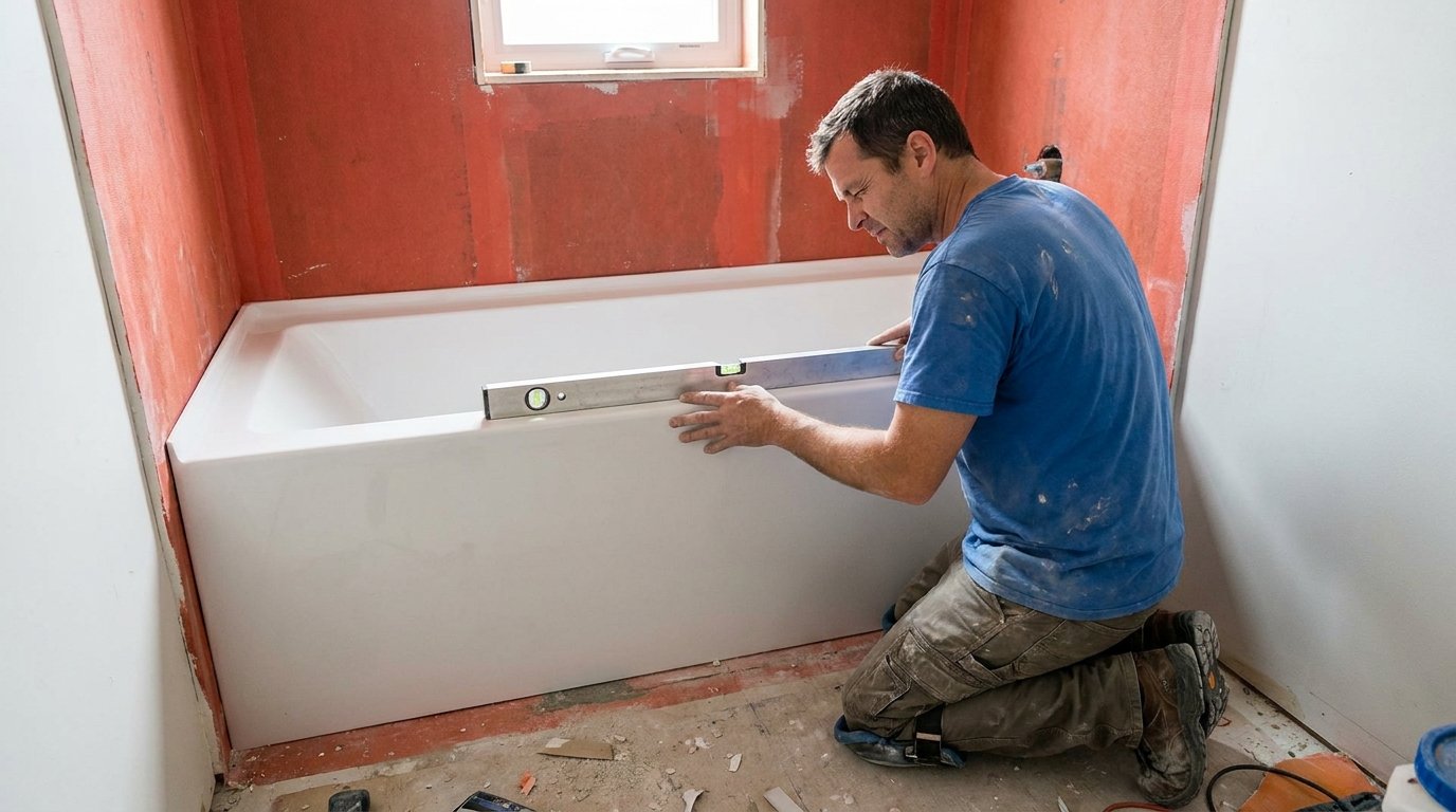 Instalador colocando y nivelando una bañera nueva durante la reforma de un baño