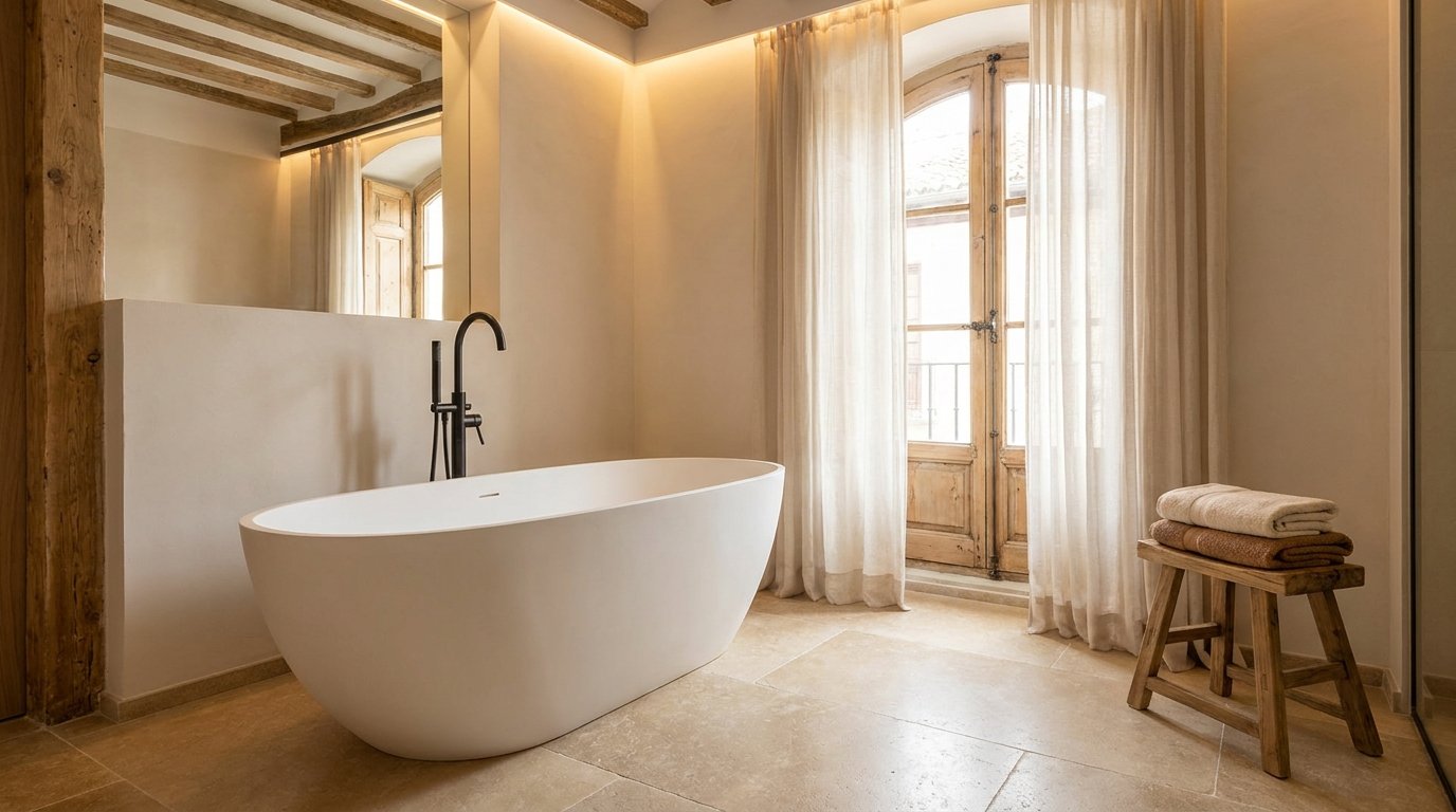 Ba&ntilde;o reformado con ba&ntilde;era exenta blanca y grifer&iacute;a de suelo